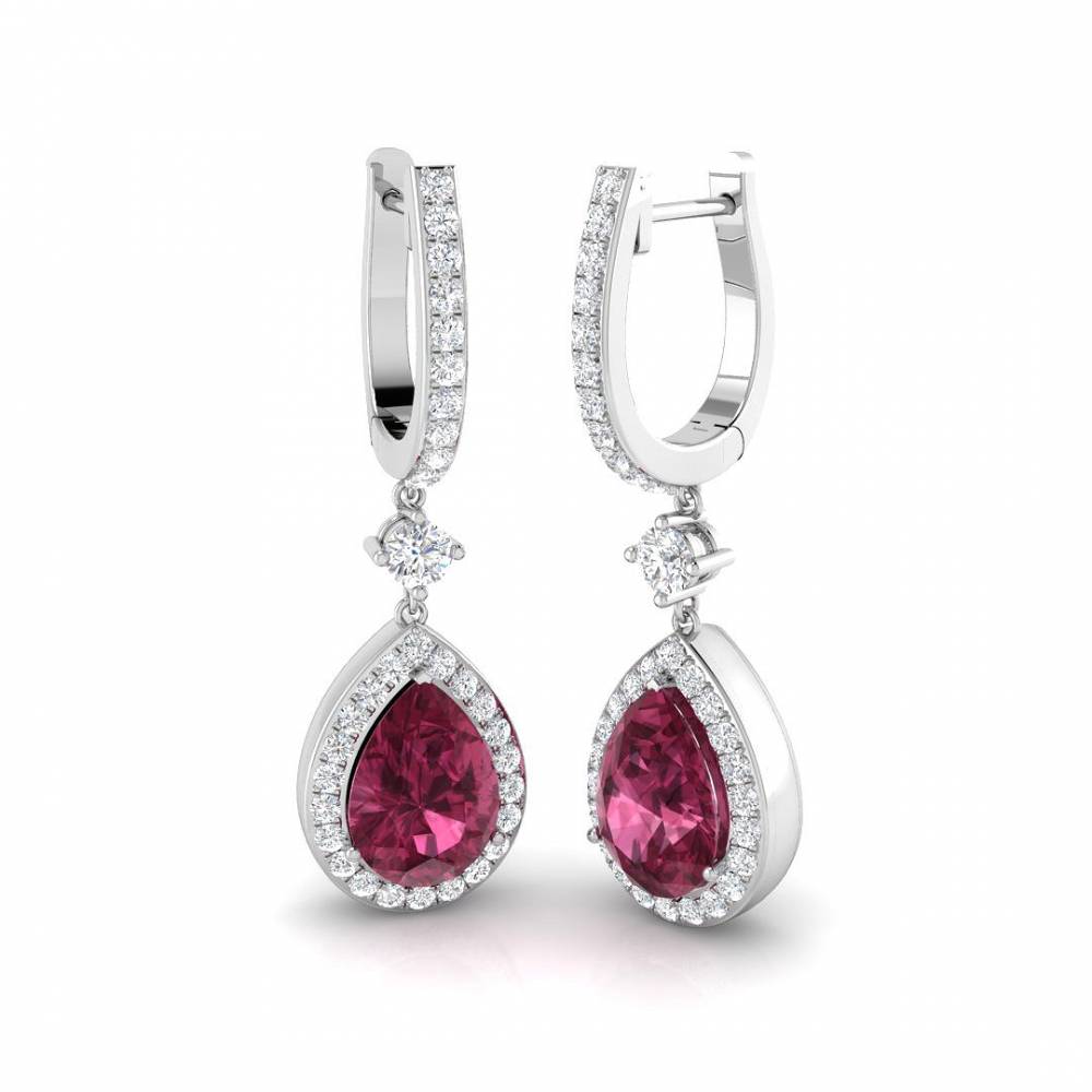 Pear Tourmaline Gemstone and Round Diamond Halo Drop Earrings W