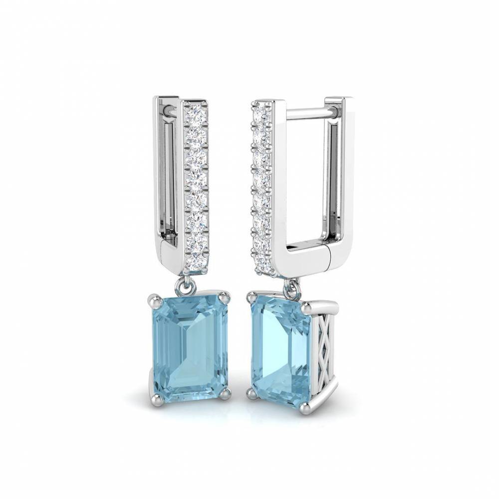 Aquamarine Emerald and Round Diamond Drop Earrings W