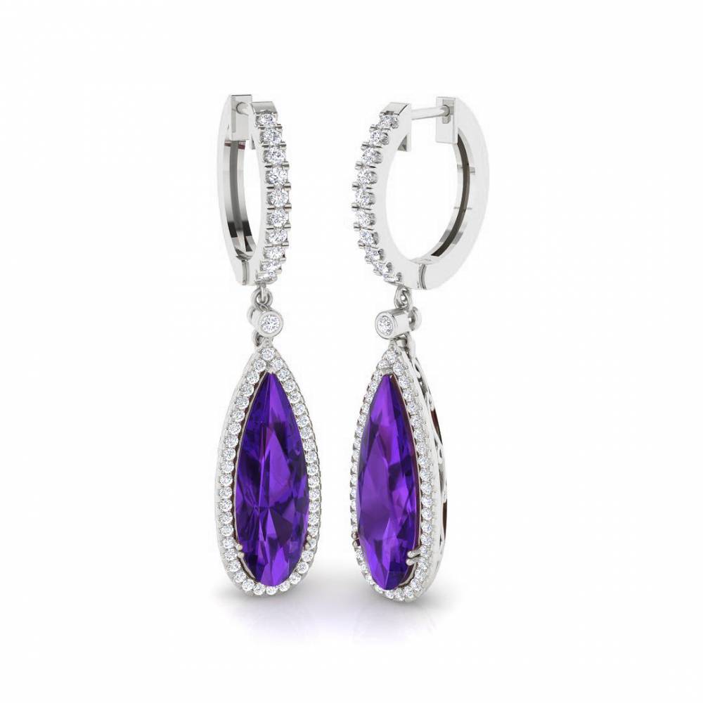 Pear Amethyst and Round Diamond Halo Drop Earrings W