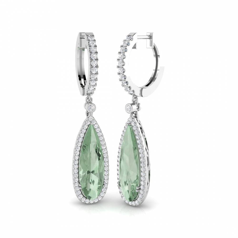 Pear Green Amethyst and Round diamond Halo Drop Earrings W
