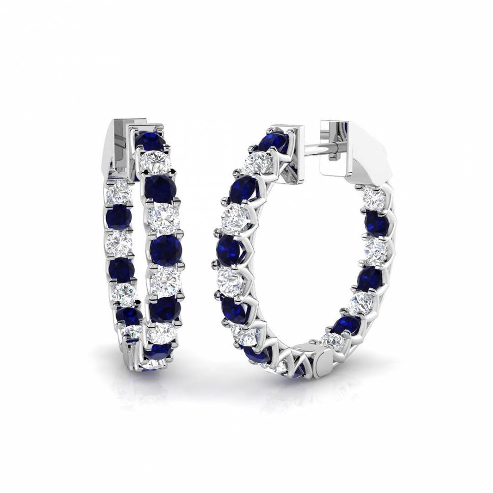Round Blue Sapphire Gemstone and Diamond Hoop Earrings W