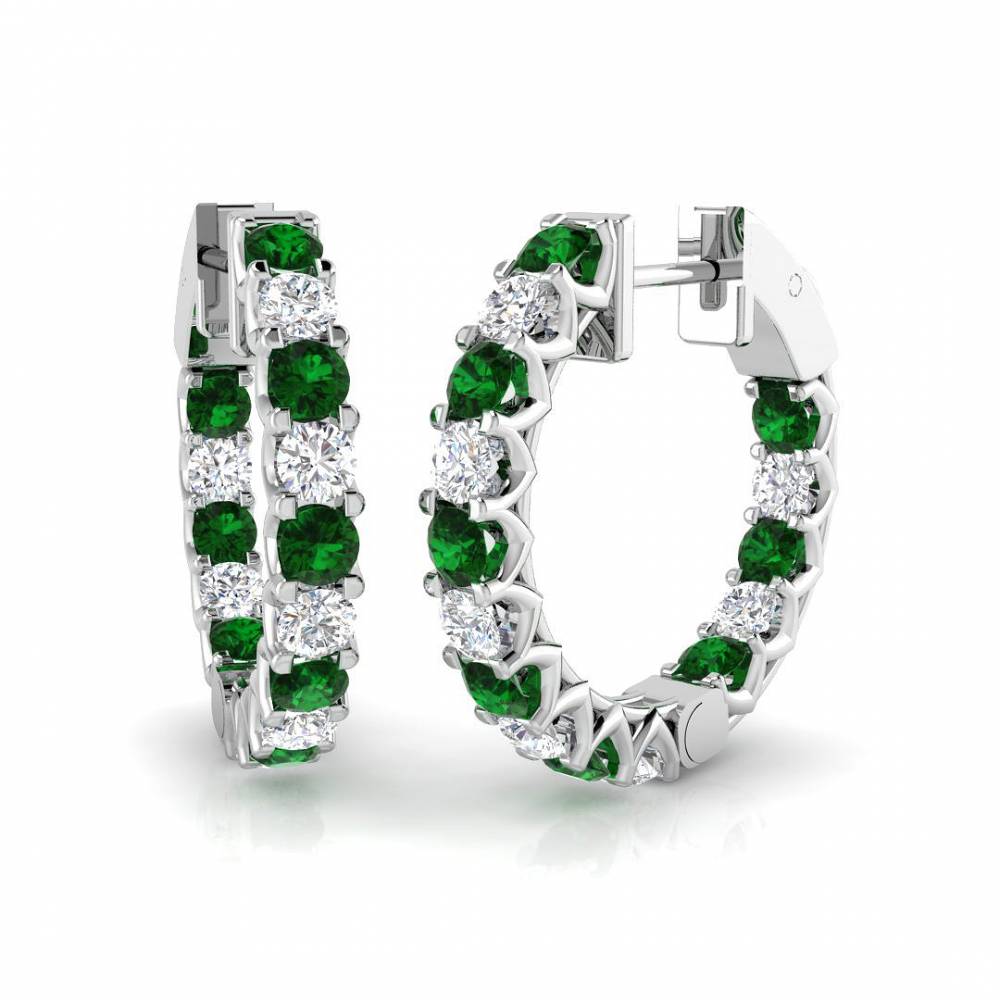 Round Emerald Gemstone and Diamond Hoop Earrings W