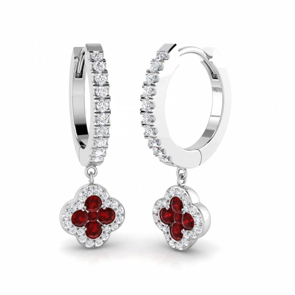 Round Ruby Gemstone and Diamond Hoop Earrings P