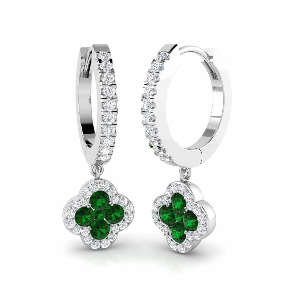 Round Green Emerald Gemstone and Round Diamond Halo Earrings W