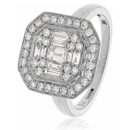0.90ct Modern Round And Baguette Diamond Cluster Ring W