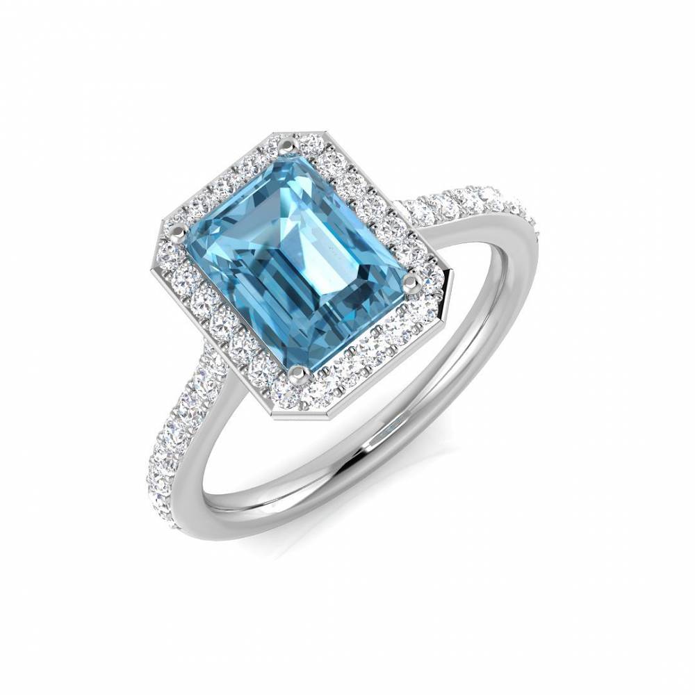 Blue Topaz Emerald and Round Diamond Halo Shoulder Set Ring W