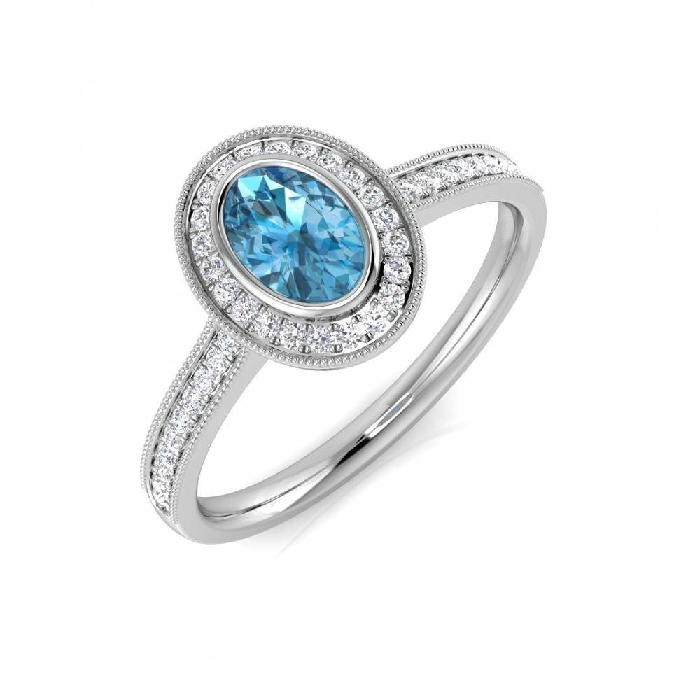 Blue Topaz Oval and Round Diamond Halo Shoulder Set Ring W