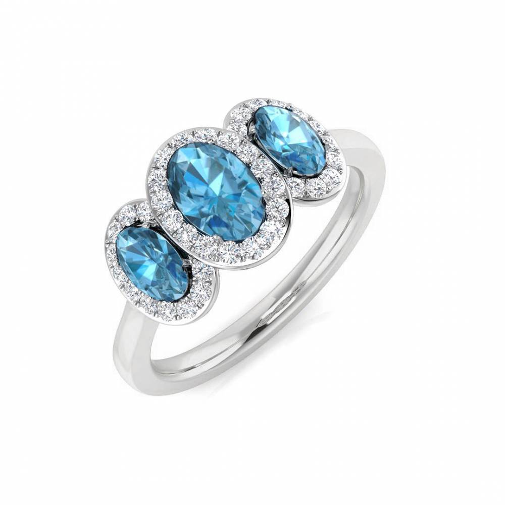Blue Topaz Ovals and Round Diamond Set Halo Ring W