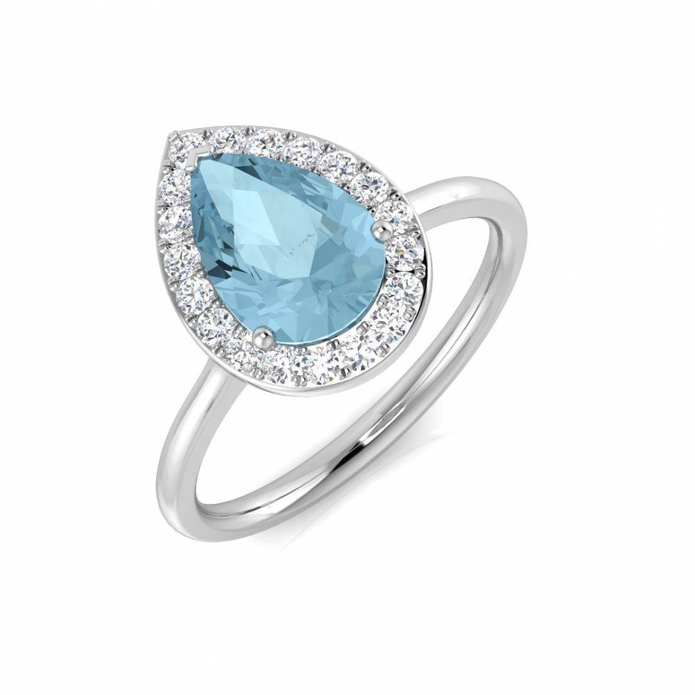 Pear Aquamarine and Round diamond Halo Ring W