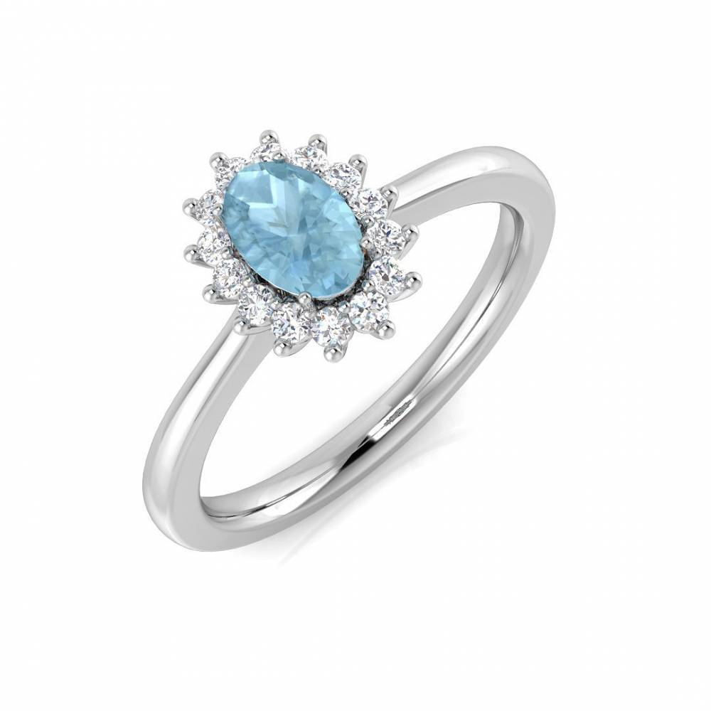Oval Aquamarine and Round Diamond Halo Ring W