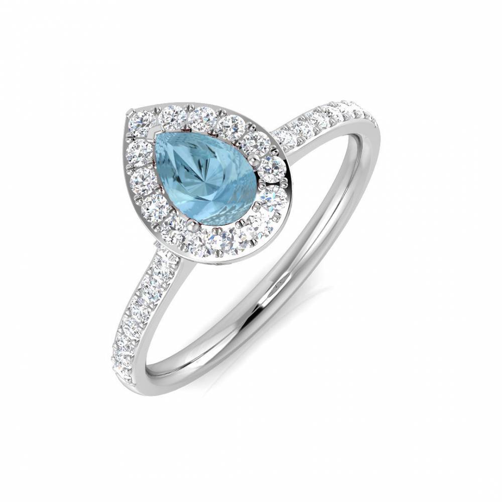 Pear Aquamarine and Round diamond Halo Shoulder Set Ring W