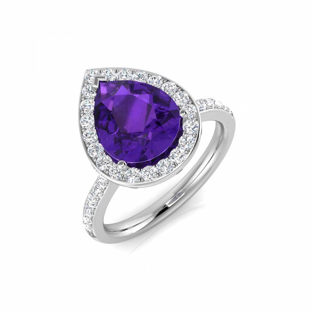 Pear Amethyst and Round Diamond Halo Shoulder Set Ring W