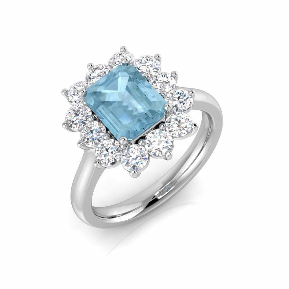 Emerald Aquamarine and Round Diamond Halo Ring W