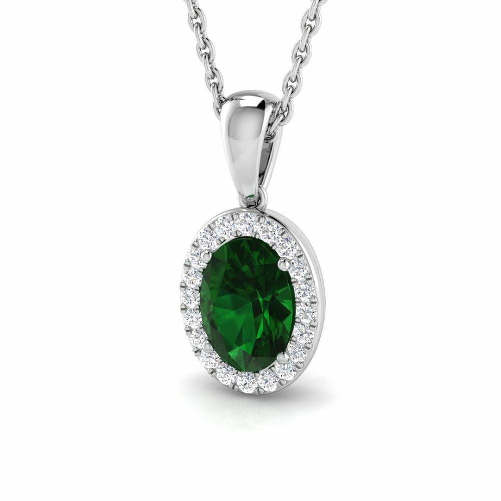 0.80ct EF/VS Oval Emerald Gemstone and Round Diamond Halo Pendant W