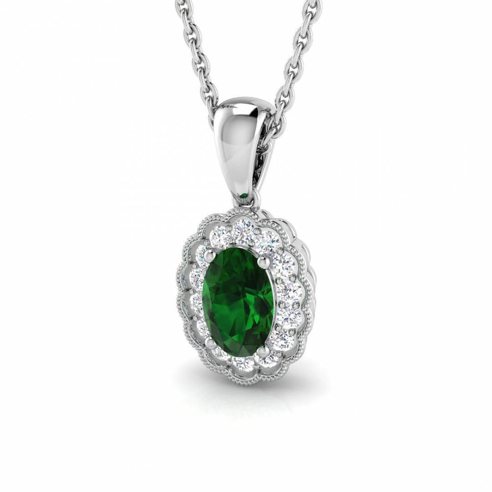 0.55ct EF/VS Oval Emerald Gemstone and Round Diamond Halo Pendant W