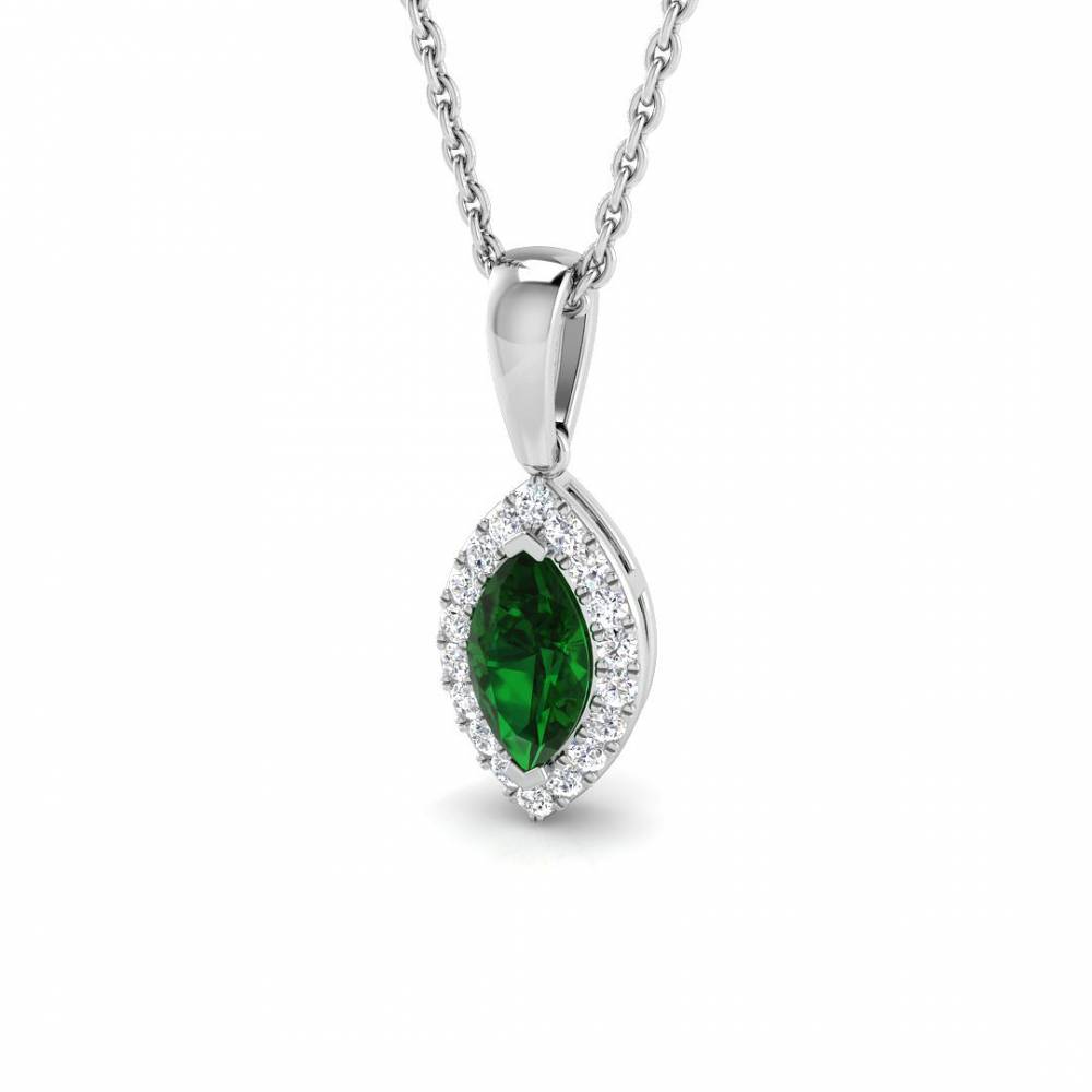 0.35ct EF/VS Marquise Emerald Gemstone and Round Diamond Halo Pendant W
