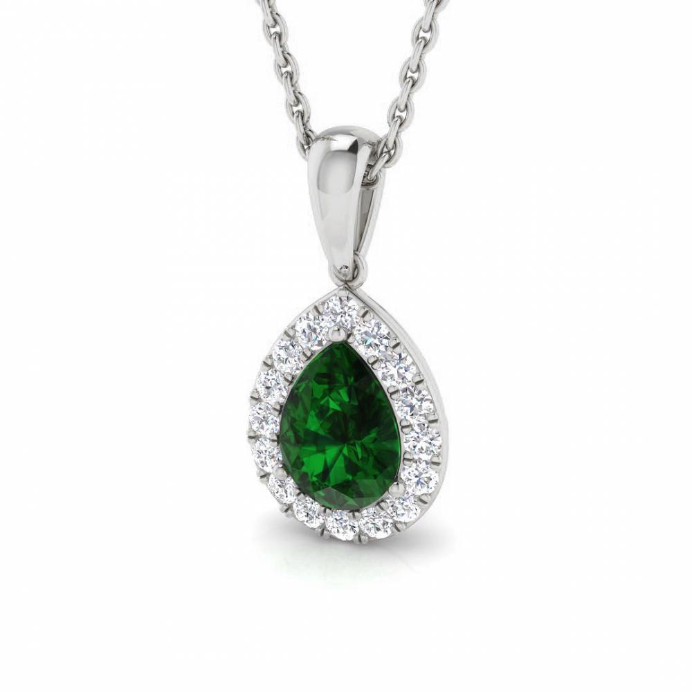 0.90ct EF/VS Pear Emerald Gemstone and Round Diamond Halo Pendant W