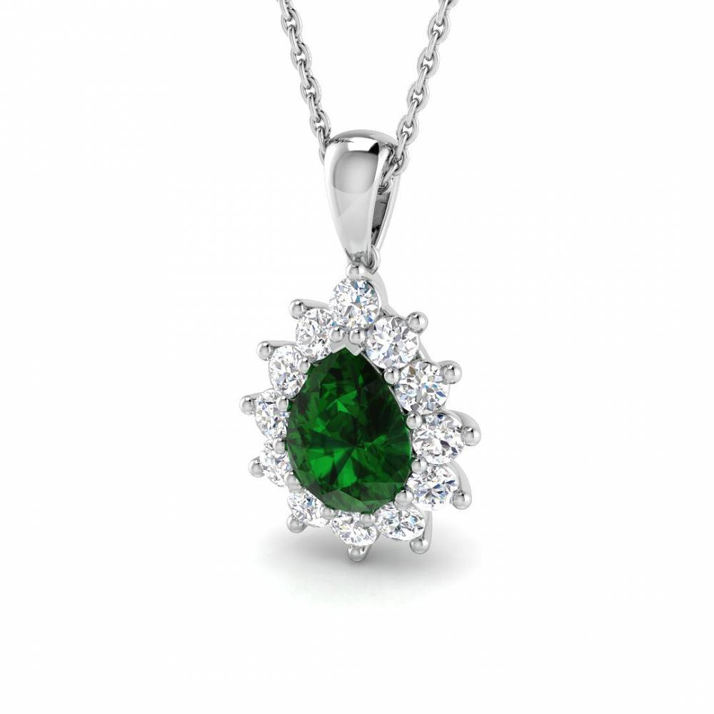 1.50ct EF/VS Pear Emerald Gemstone and Round Diamond Halo Pendant W
