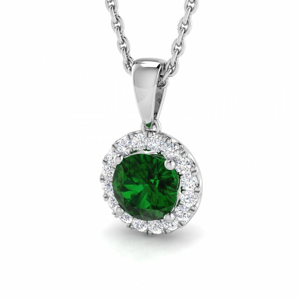 0.70ct EF/VS Round Emerald Gemstone and Diamond Halo Pendant W