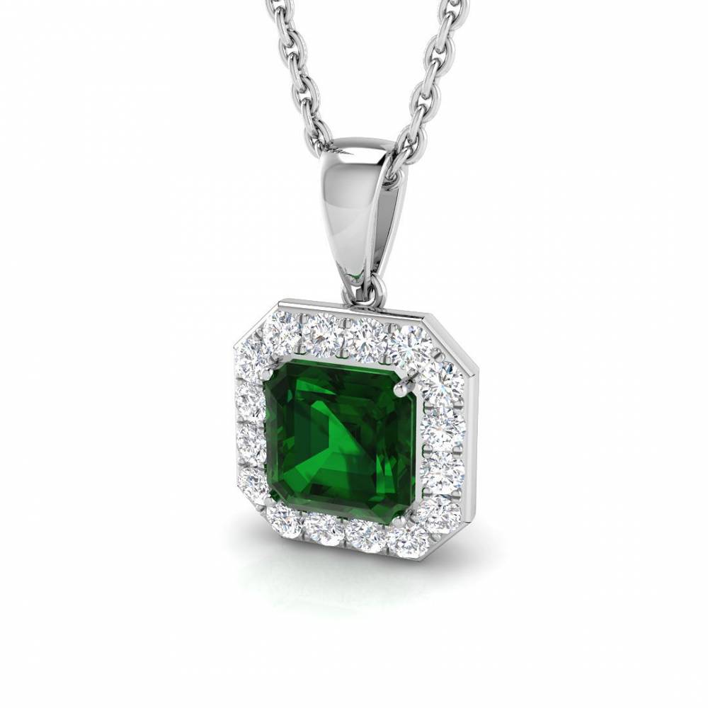 0.85ct EF/VS Emerald Gemstone and Diamond Halo Pendant W