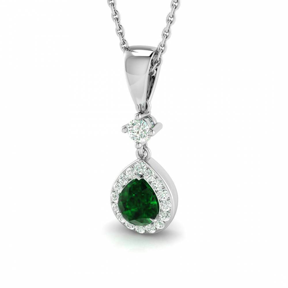 0.45ct EF/VS Pear Emerald Gemstone and Round Diamond Halo Pendant W