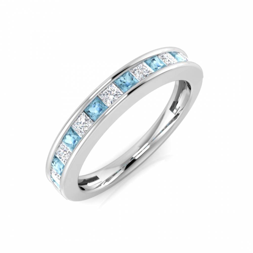 Princess Aquamarine and Diamond Half Set Eternity Ring W