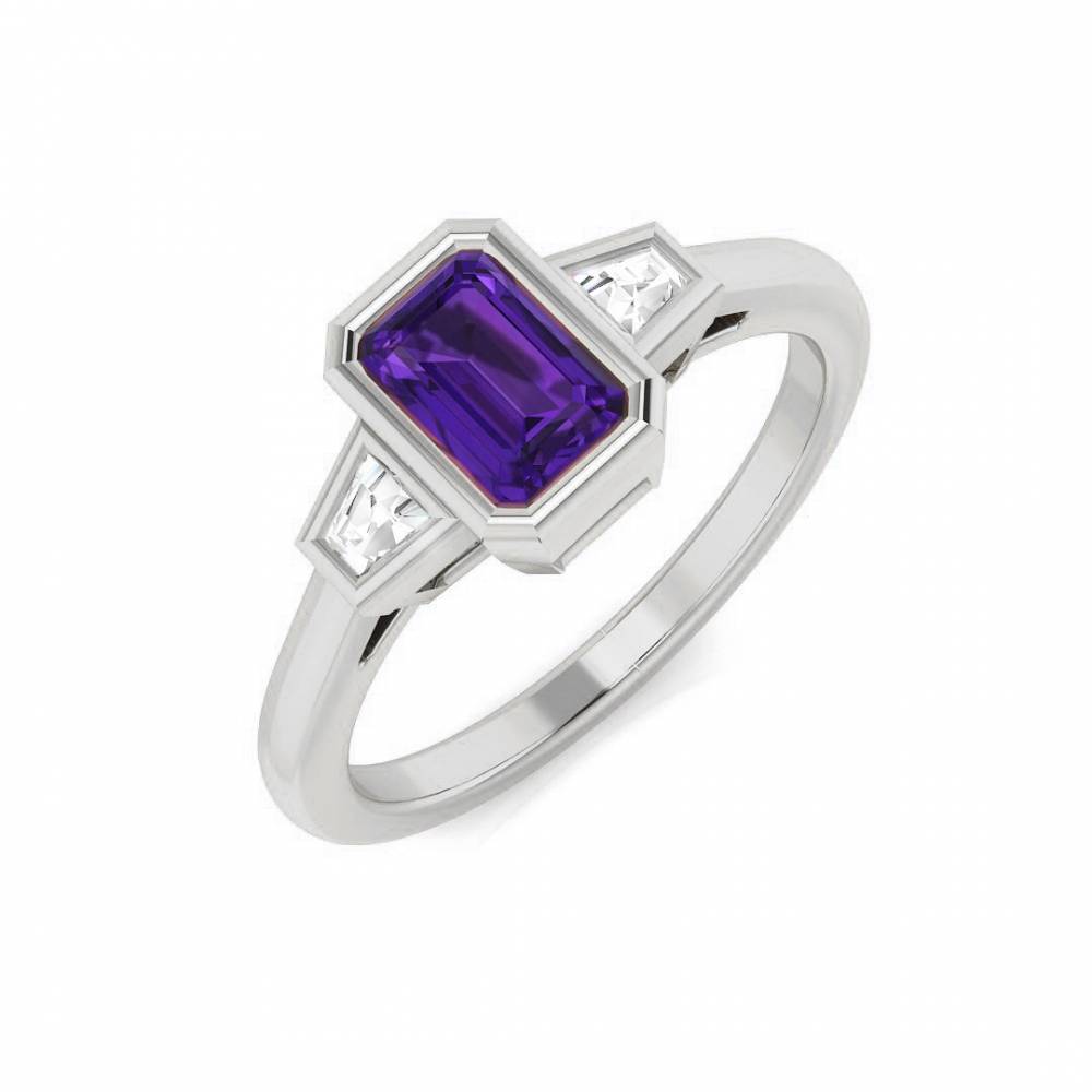 Emerald Amethyst and Baguette Diamond Side Stone Ring W