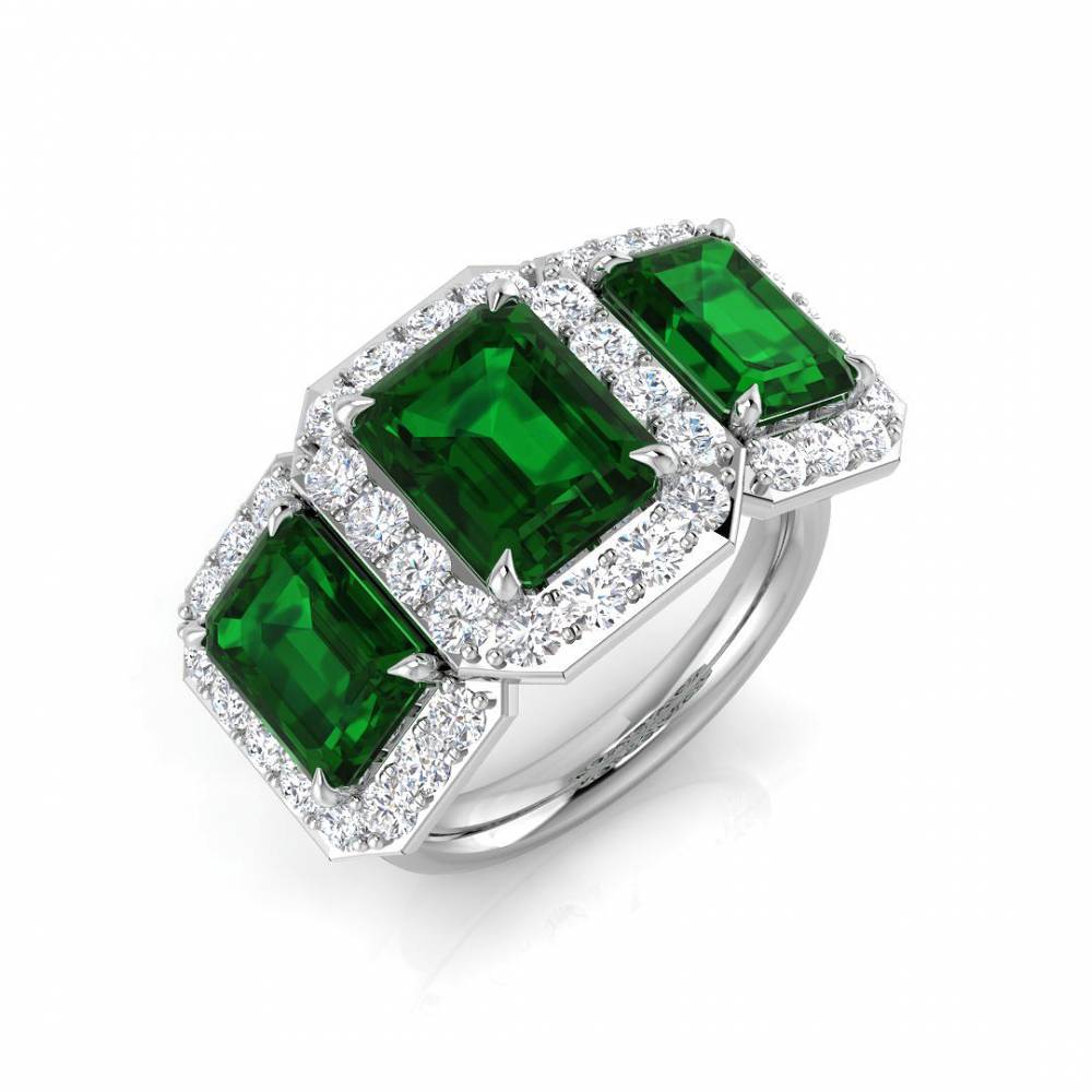 6.90ct EF/VS Emerald & Diamond Trilogy Halo Gemstone Ring W