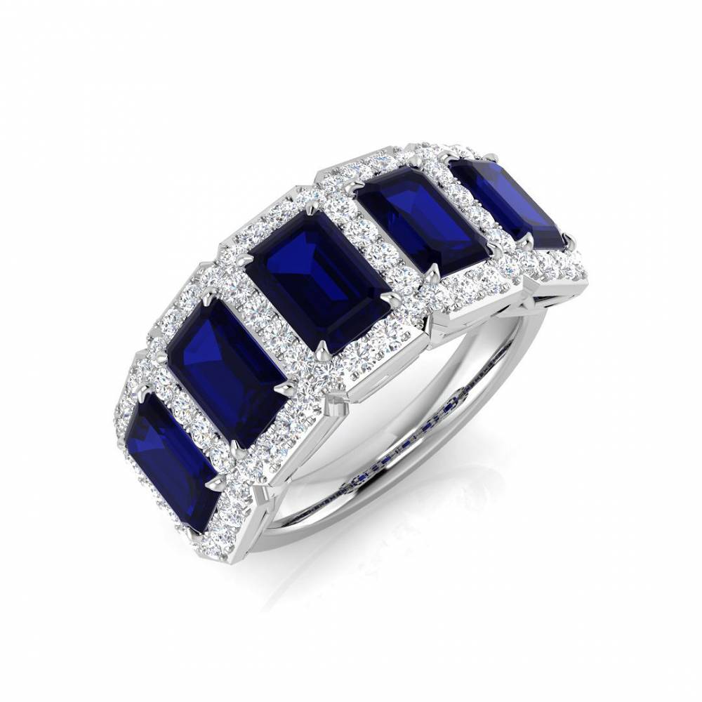 Blue Sapphire Emerald and Round Diamond Halo 5 Stone Ring W