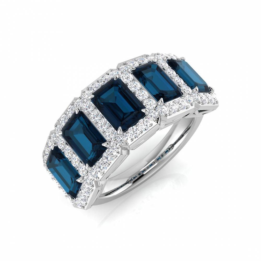 Blue Topaz Emerald and Round Diamond Halo 5 Stone Ring W