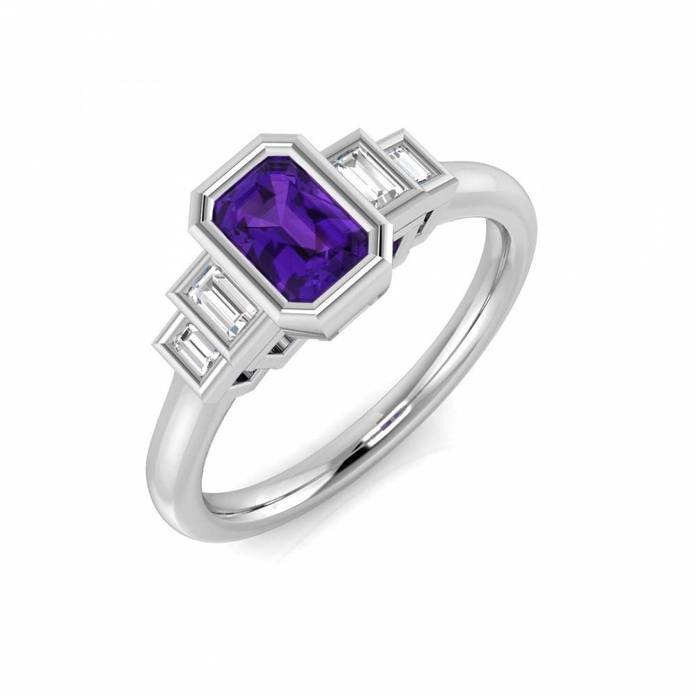 Emerald Amethyst and Baguette Diamond Side Stone Ring W