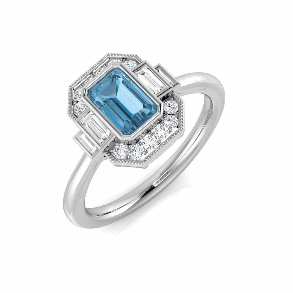 Blue Topaz Emerald and Diamond Set Halo Ring W