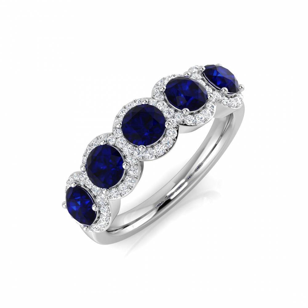 Round Blue Sapphire and Diamond Halo 5 Stone Ring W