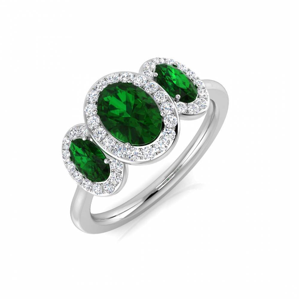 Oval Green Gemstone and Round Diamond Trilogy Ring P