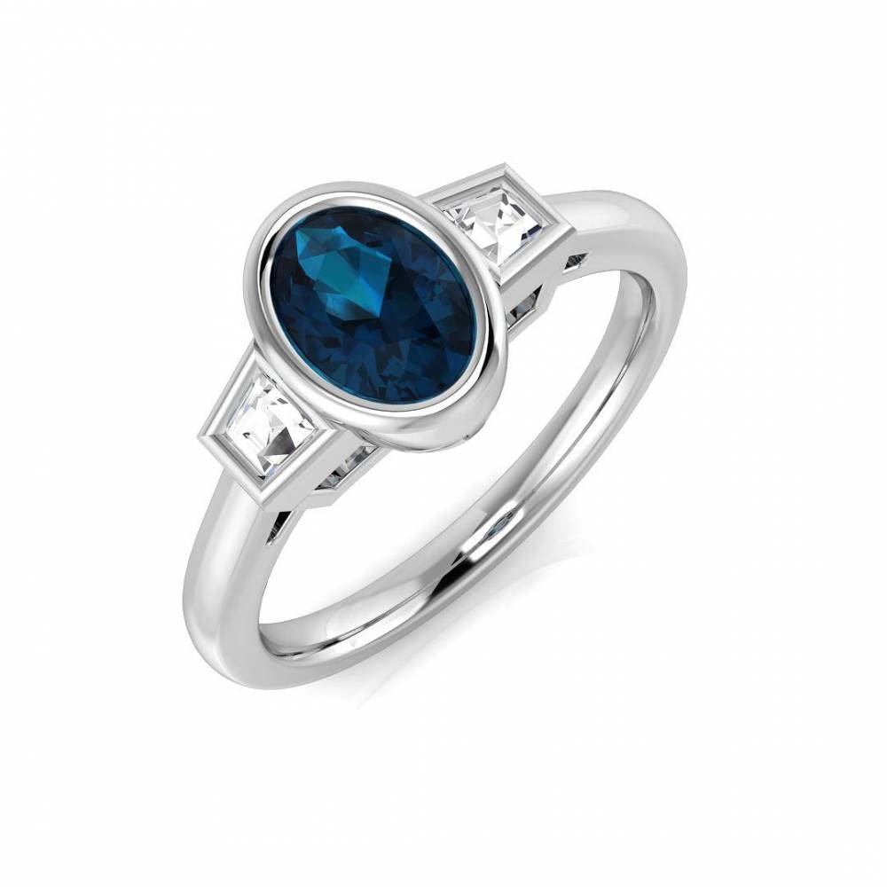Blue Topaz Oval and Baguette Diamond Side Stone Ring W