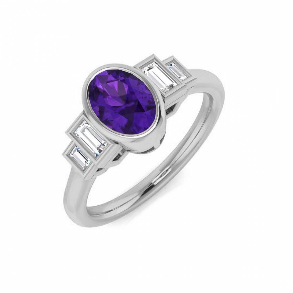 Oval Amethyst and Baguette Diamond Side Stone Ring W