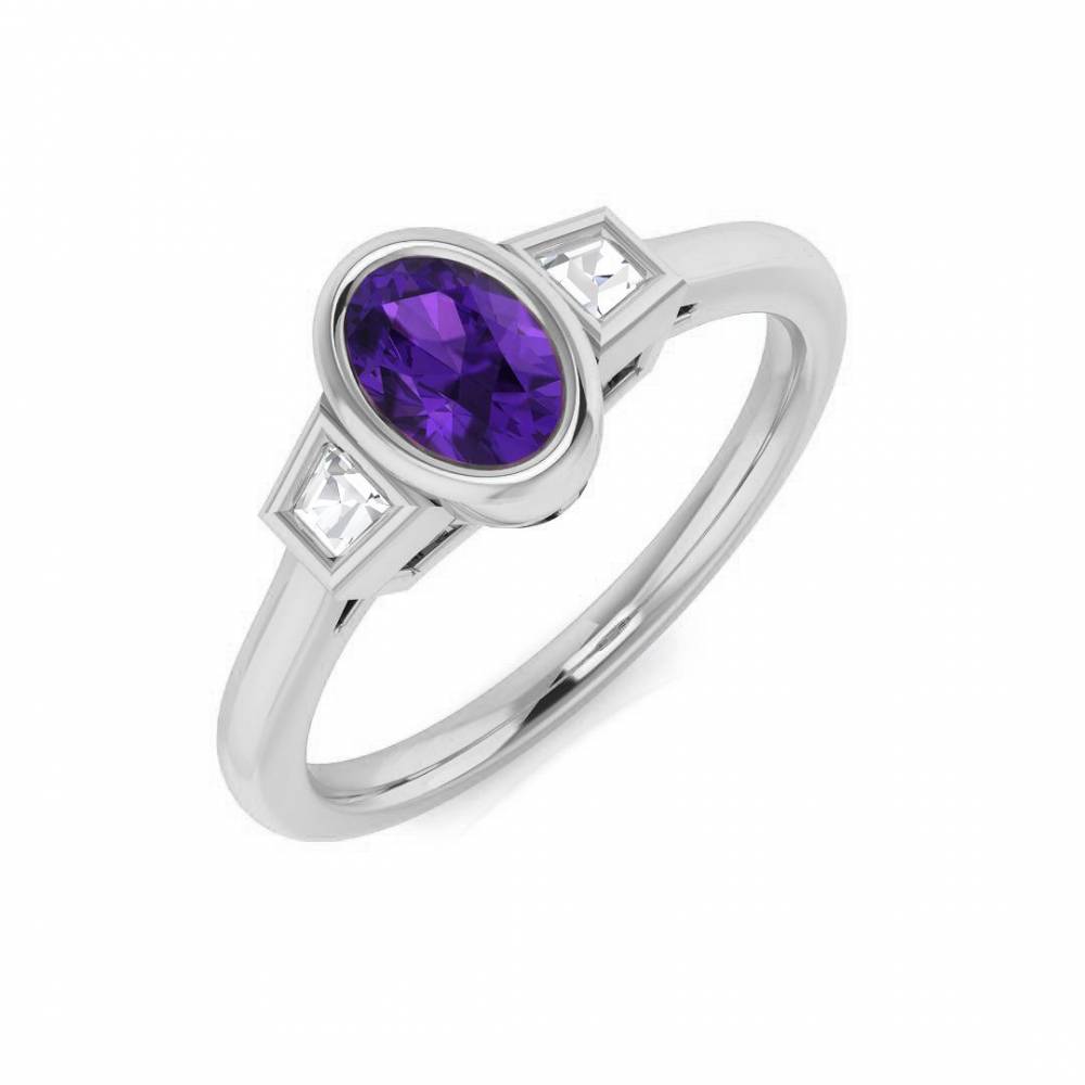 Oval Amethyst and Baguette Diamond Side Stone Ring W