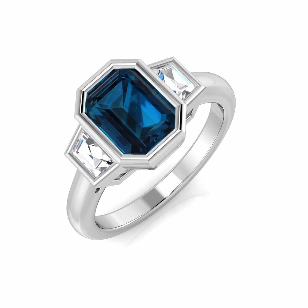 Blue Topaz Emerald and Baguette Diamond Trilogy Ring W