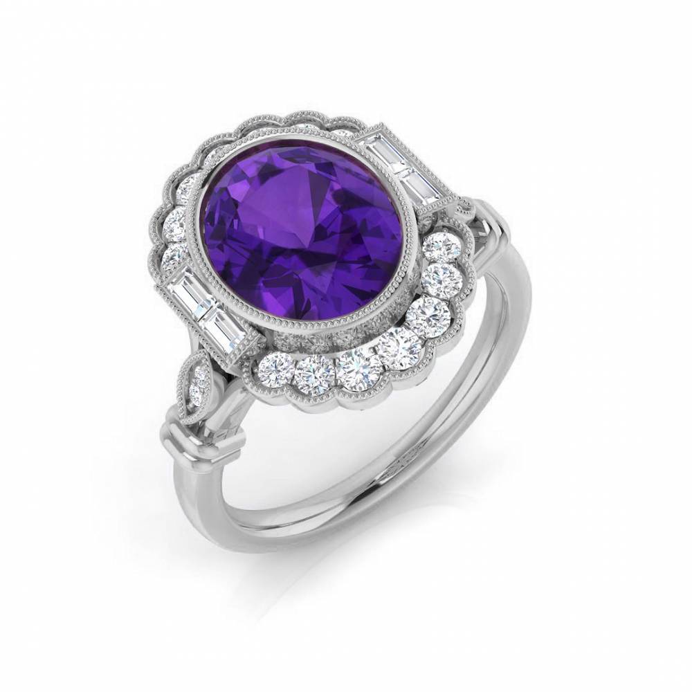 Oval Amethyst and Round Diamond side stone Ring W