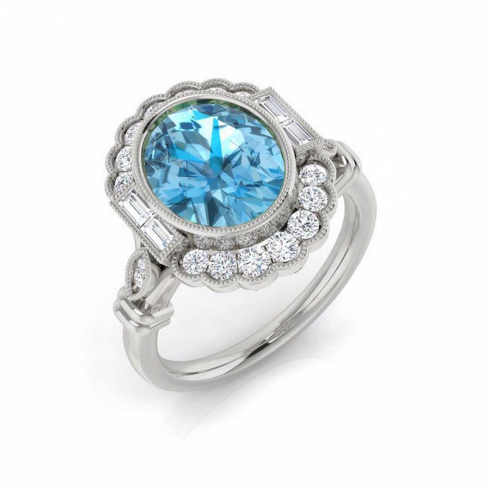Blue Topaz Oval and Diamond Set Halo Ring W