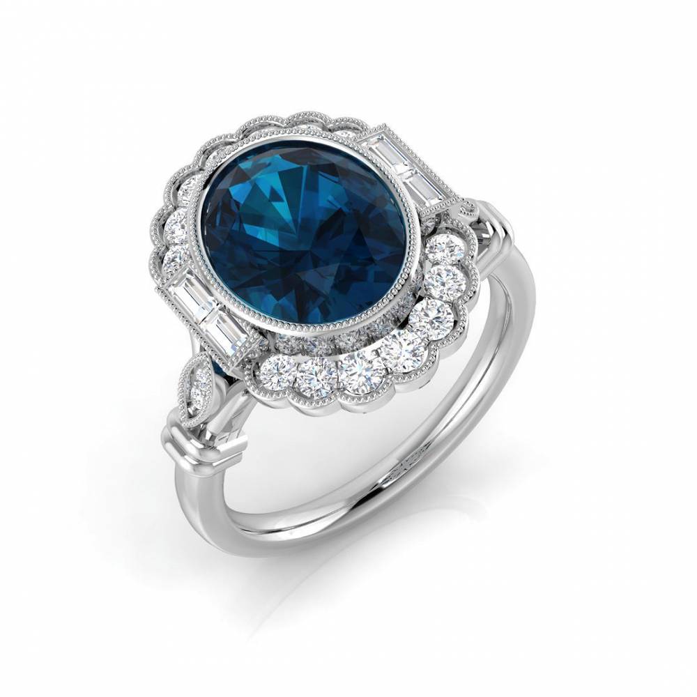 Blue Topaz Oval and Round Diamond Side Stone Ring W