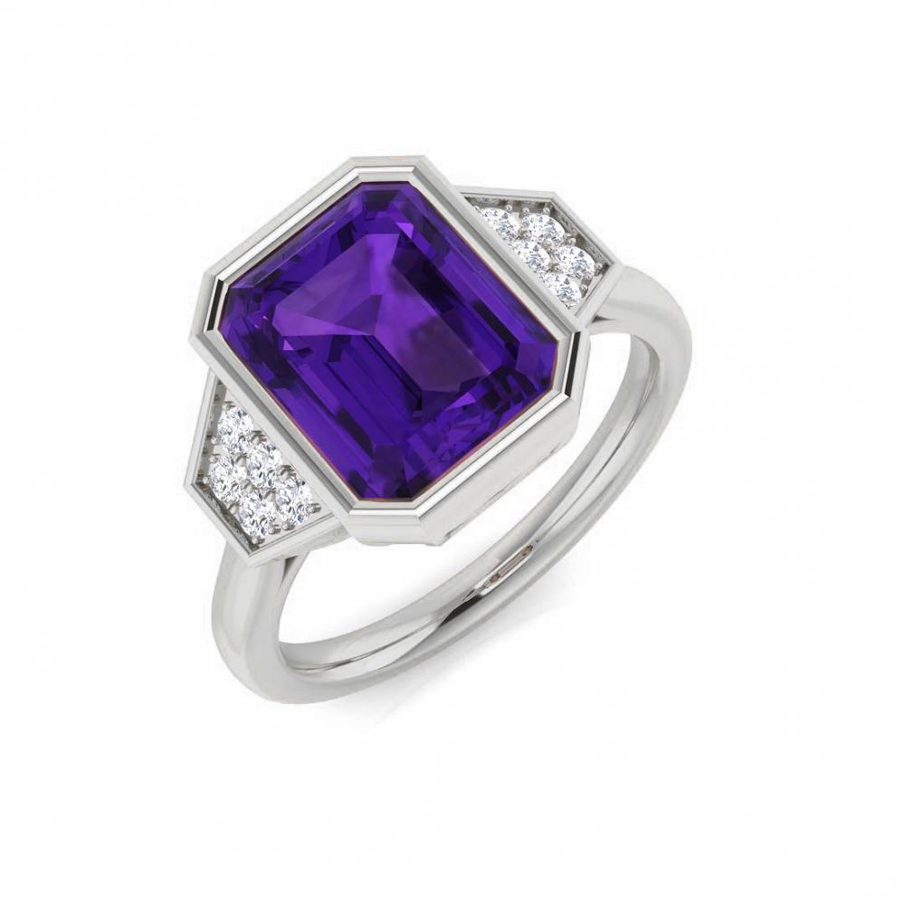 Emerald Amethyst and Round Diamond Side Stone Ring W