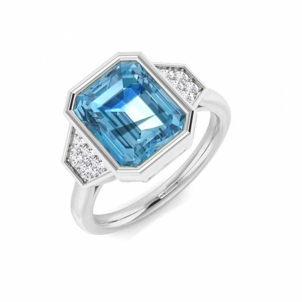 Blue Topaz Emerald and Round Diamond Side Stone Ring W