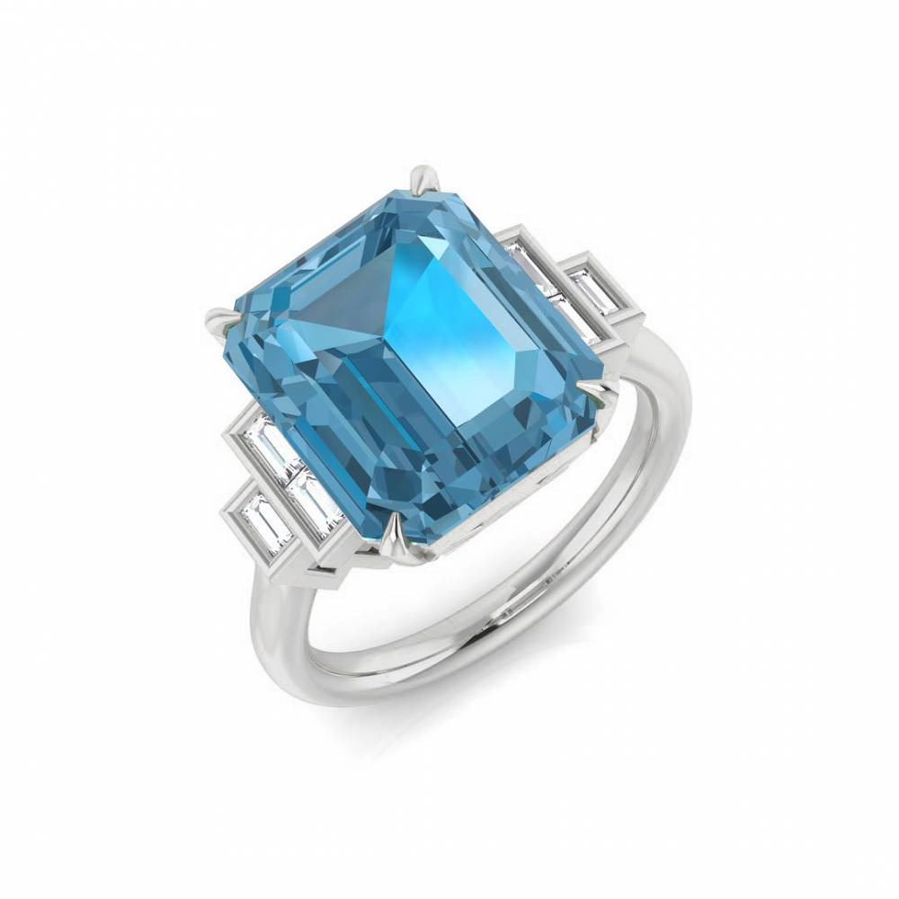 Blue Topaz Emerald and Baguette Diamond Side Stone Ring W