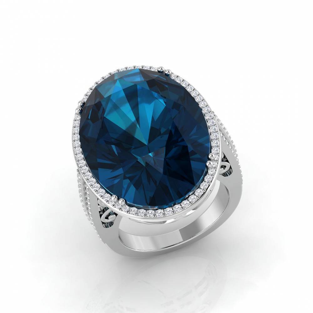 Blue Topaz Oval and Round Diamond Halo Ring W