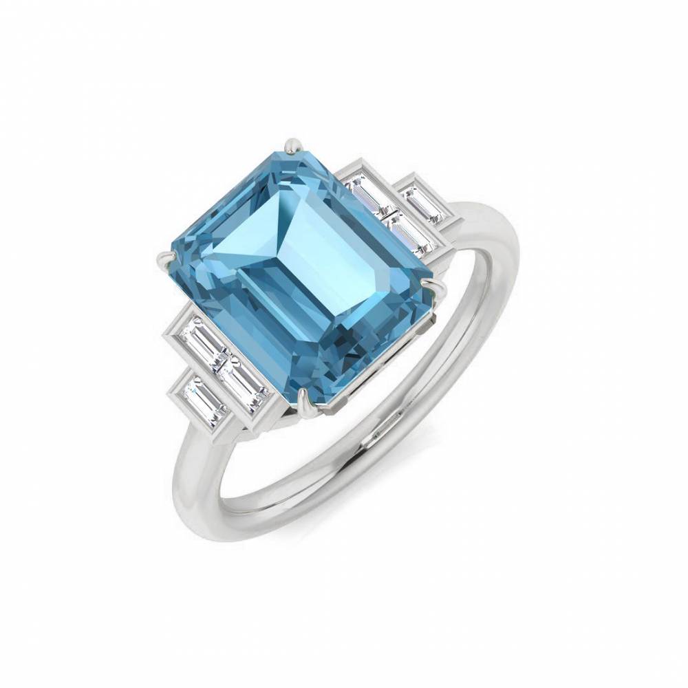 Blue Topaz Emerlad and Baguette Diamond Side Stone Ring W