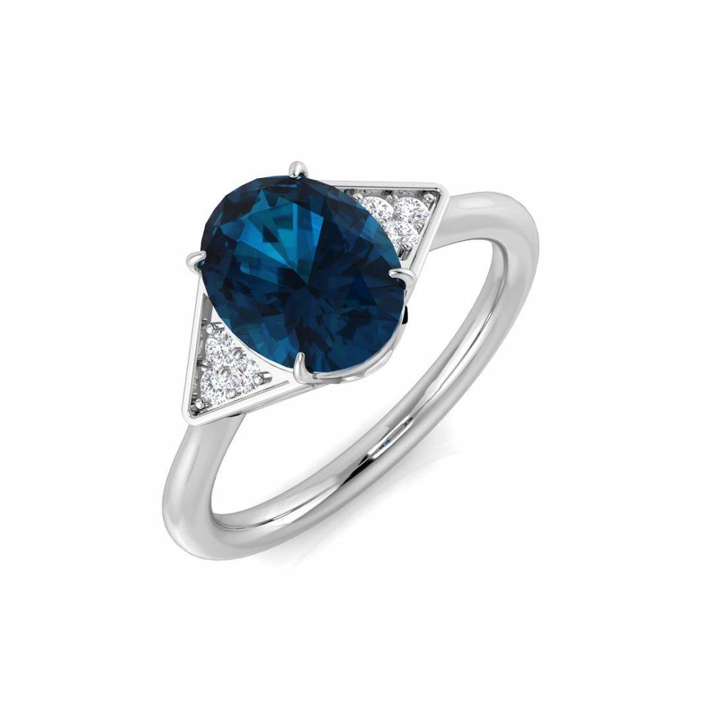Blue Topaz Oval and Round Diamond Side Stone Ring W