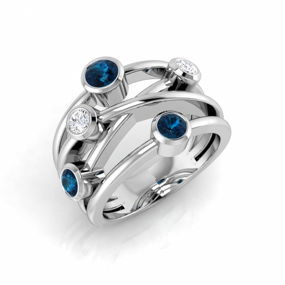 Blue Topaz Round and Diamond Bubble Ring W
