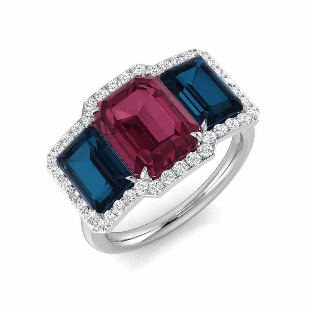 Blue Topaz and Pink Tourmaline Gemstone and Round Diamond Halo Trilogy Ring W