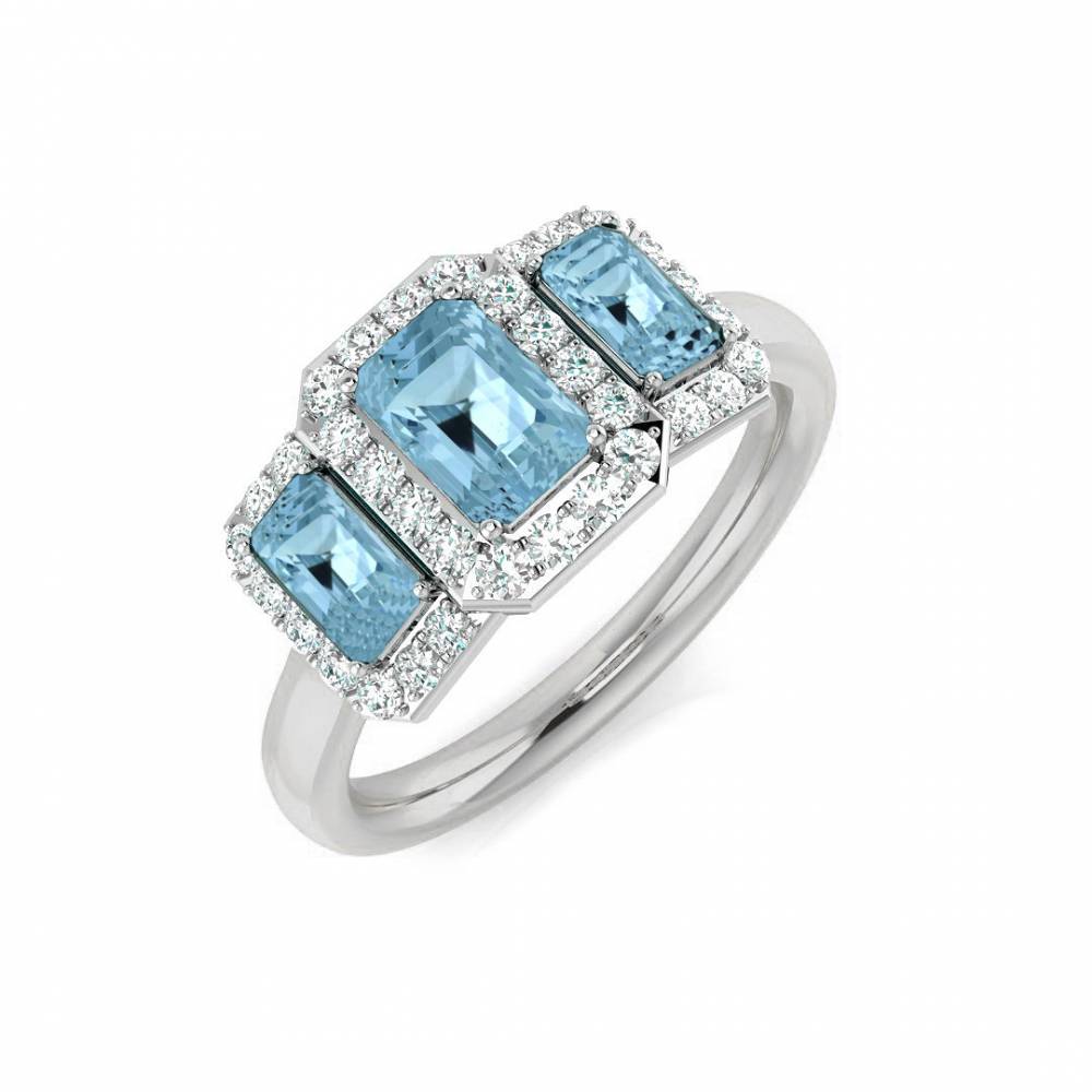 Emerald Aquamarine and Round Diamond Trilogy Ring W